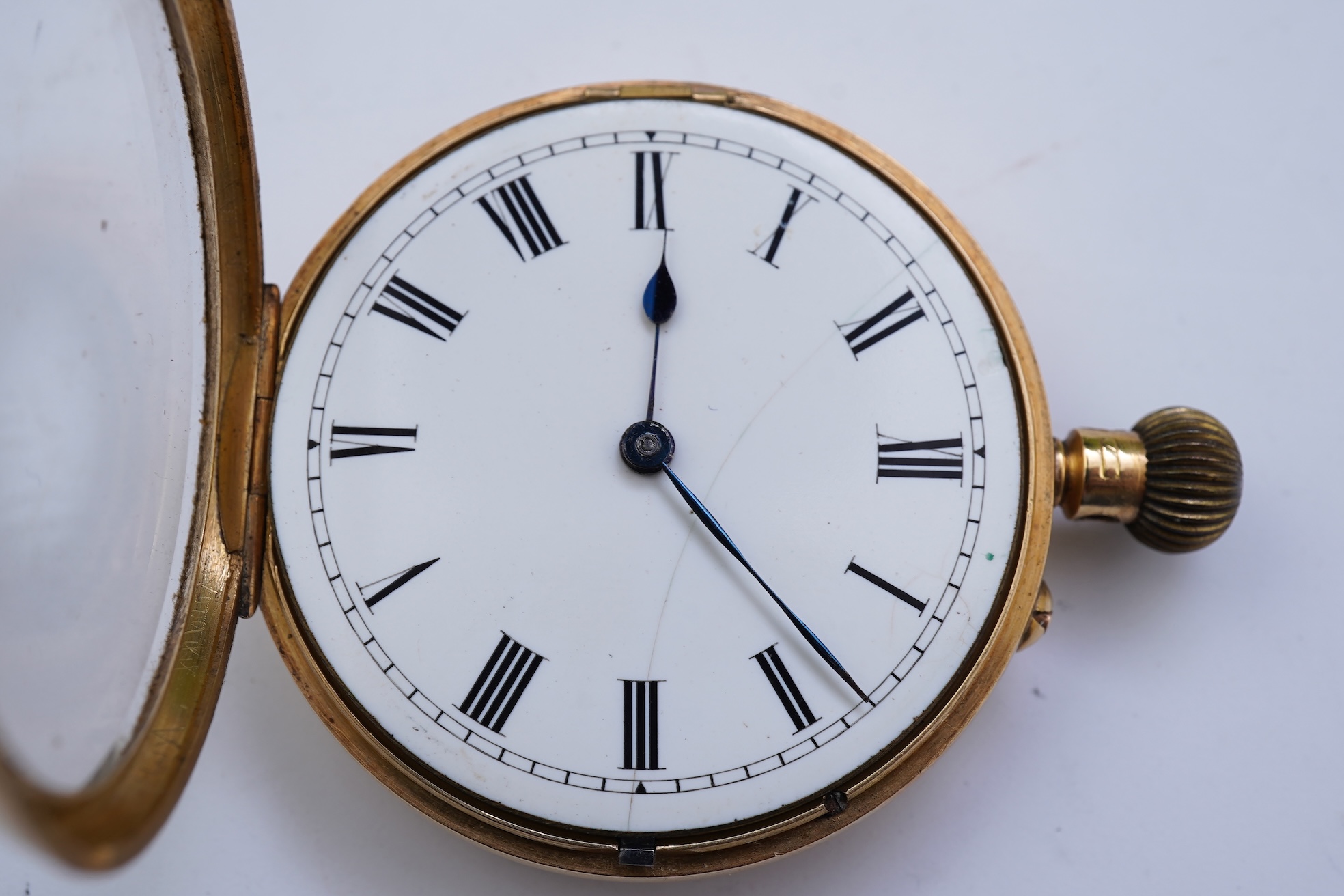 A late Victorian 18ct gold open faced keyless fob watch, by Kemp Brothers